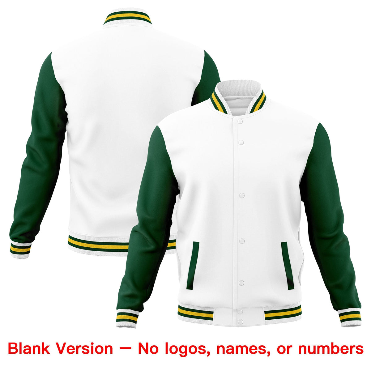 Custom White Green Gold Raglan Sleeves Full-Snap Letterman Cotton Fabric Jacket| KXKSHOP