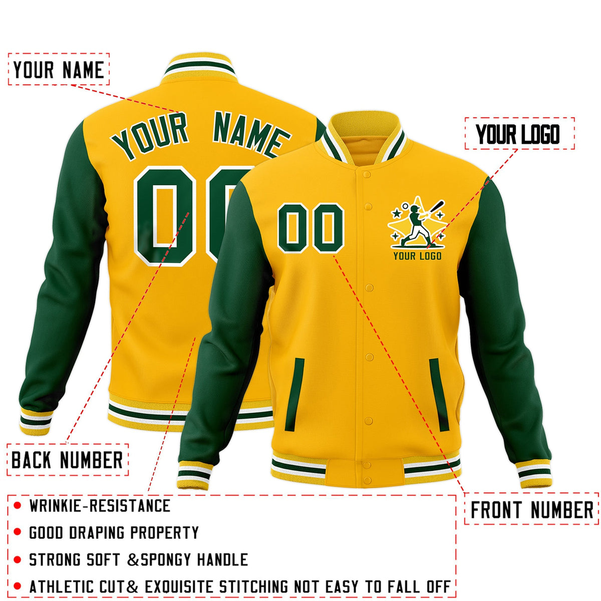 Custom Gold Green White Raglan Sleeves Full-Snap Letterman Cotton Fabric Jacket| KXKSHOP