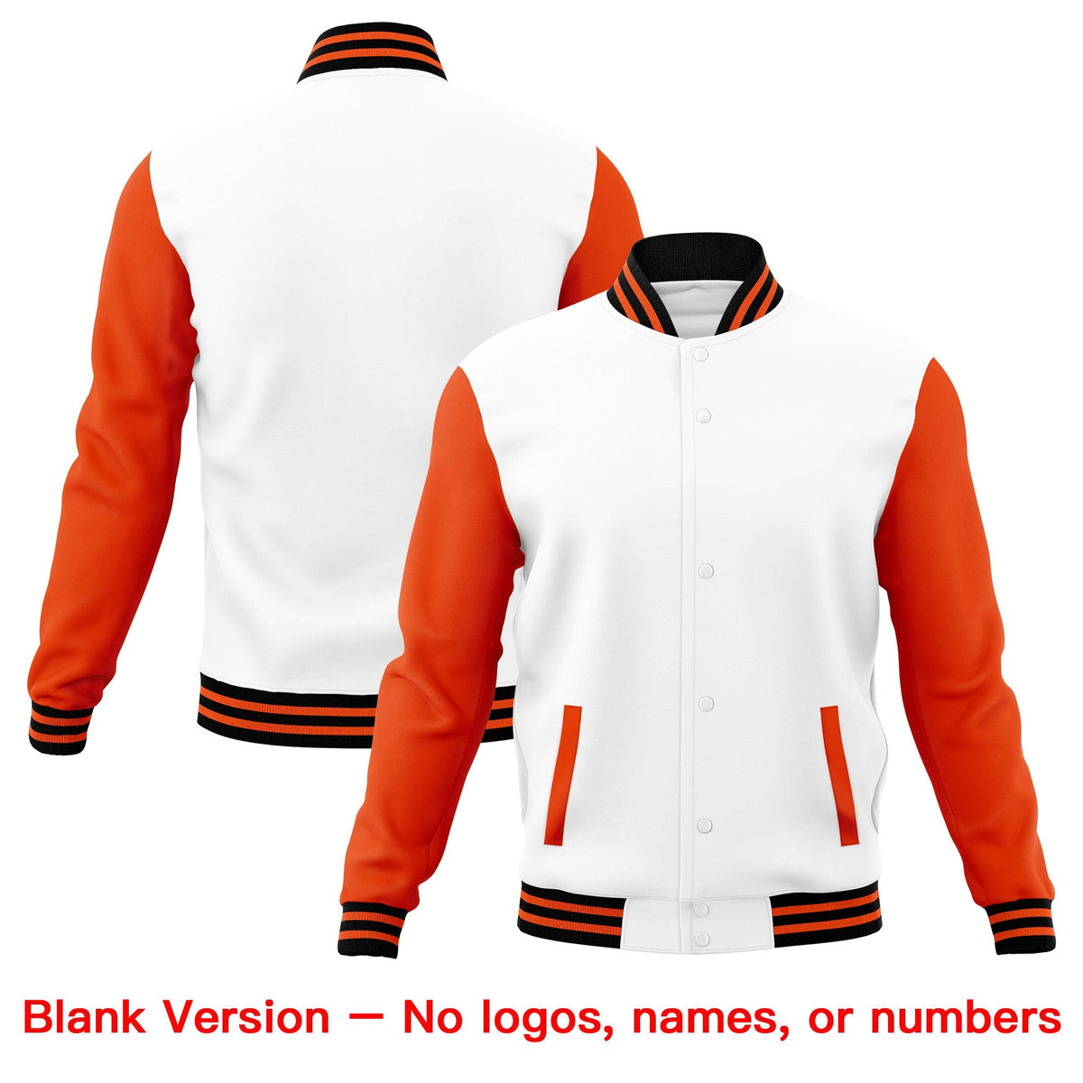 Custom White Orange Black Raglan Sleeves Full-Snap Letterman Cotton Fabric Jacket| KXKSHOP