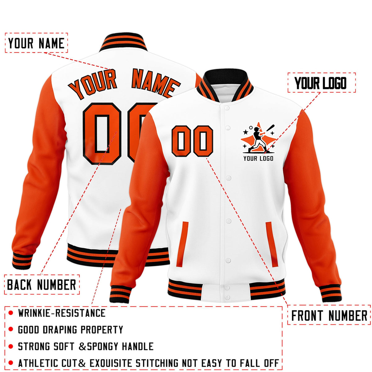 Custom White Orange Black Raglan Sleeves Full-Snap Letterman Cotton Fabric Jacket| KXKSHOP