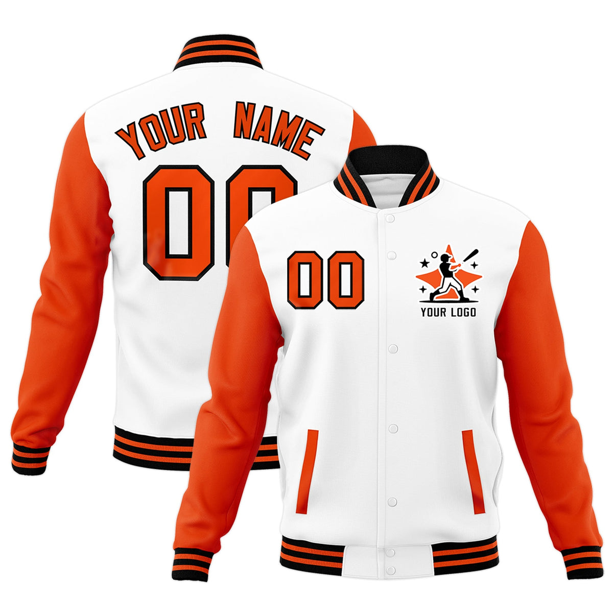 Custom White Orange Black Raglan Sleeves Full-Snap Letterman Cotton Fabric Jacket| KXKSHOP