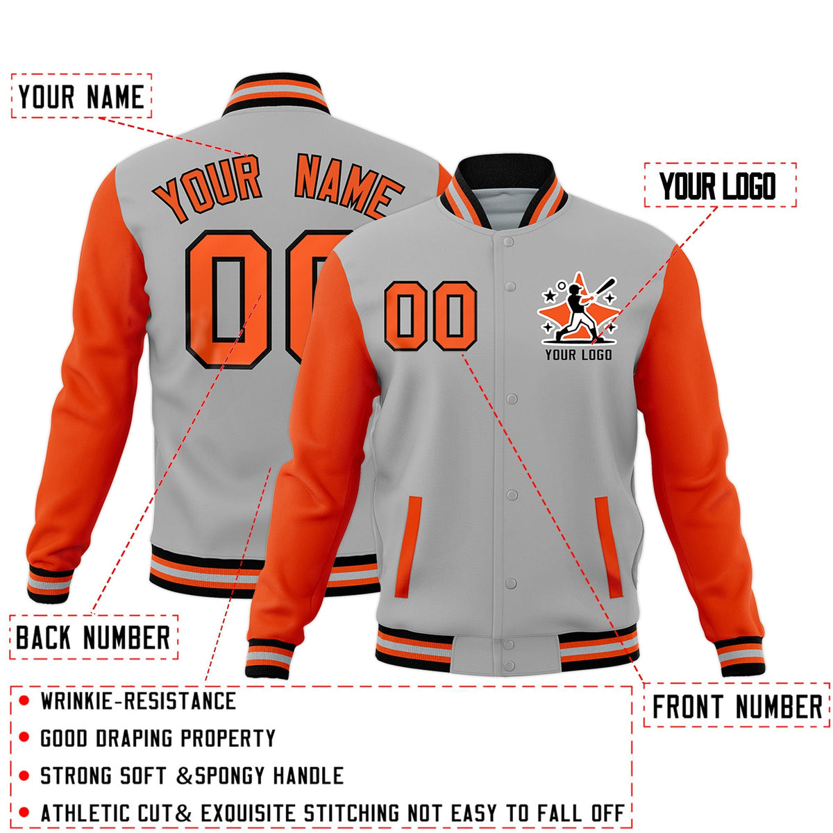 Custom Gray Orange Black Raglan Sleeves Full-Snap Letterman Cotton Fabric Jacket| KXKSHOP