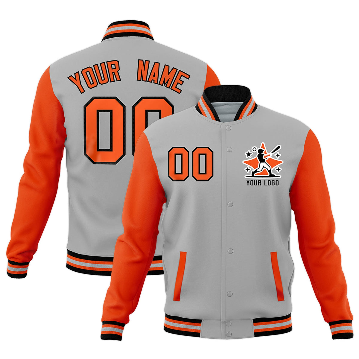 Custom Gray Orange Black Raglan Sleeves Full-Snap Letterman Cotton Fabric Jacket| KXKSHOP