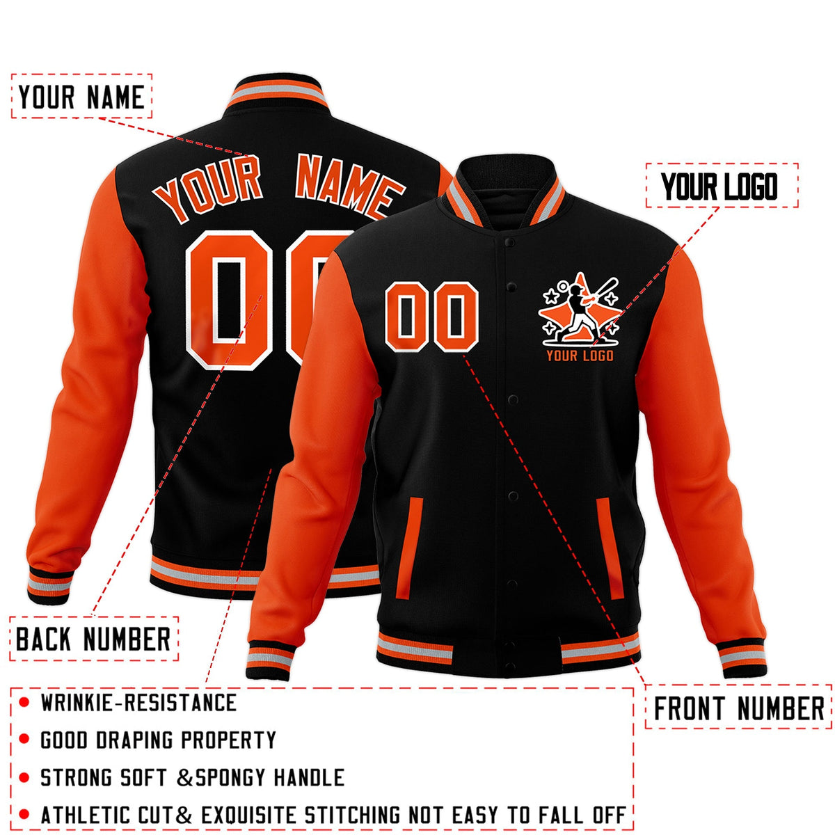 Custom Black Orange Gray Raglan Sleeves Full-Snap Letterman Cotton Fabric Jacket| KXKSHOP