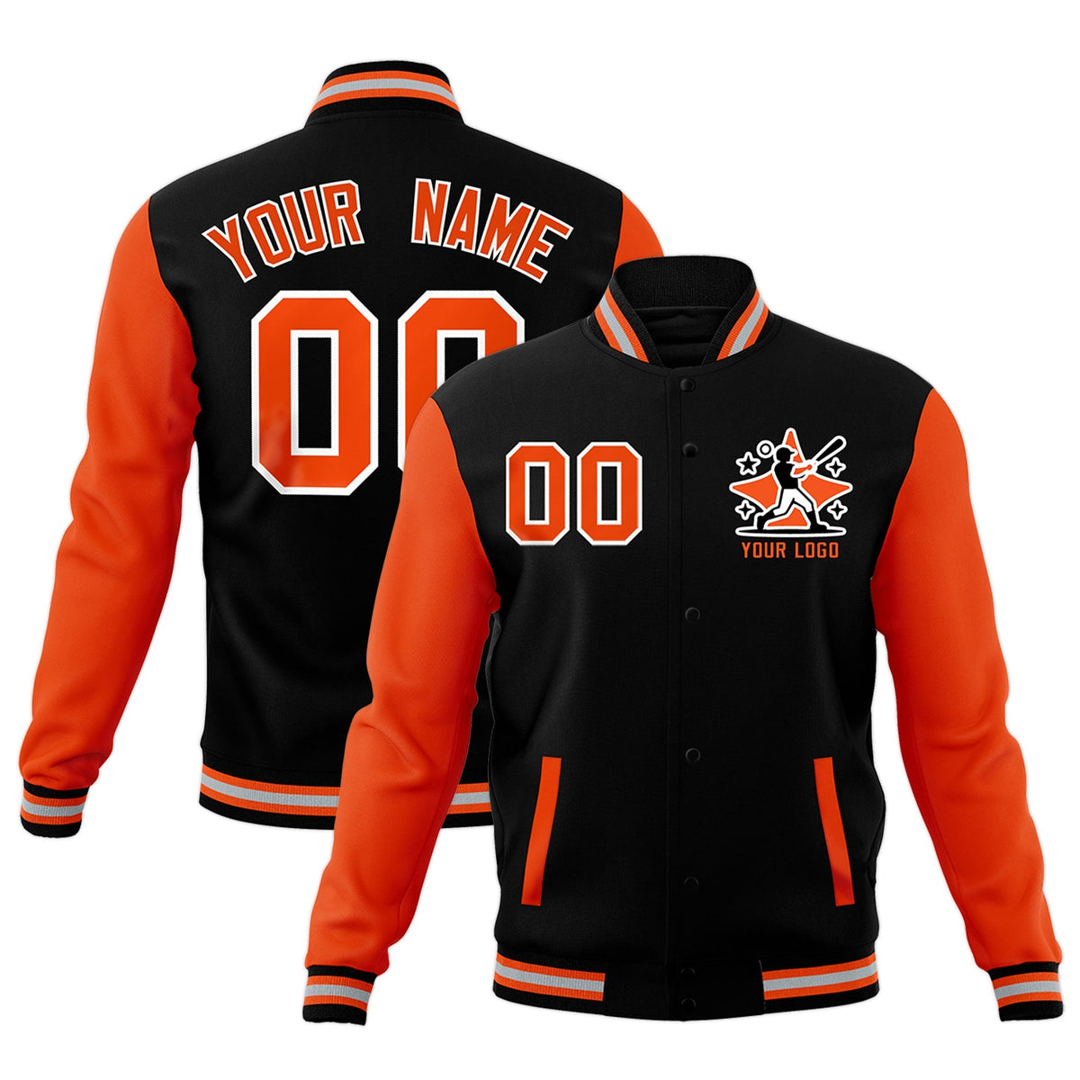 Custom Black Orange Gray Raglan Sleeves Full-Snap Letterman Cotton Fabric Jacket| KXKSHOP