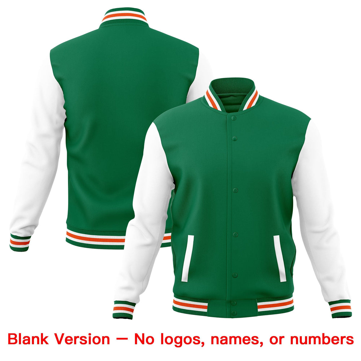 Custom Kelly Green White Orange Raglan Sleeves Full-Snap Letterman Cotton Fabric Jacket| KXKSHOP