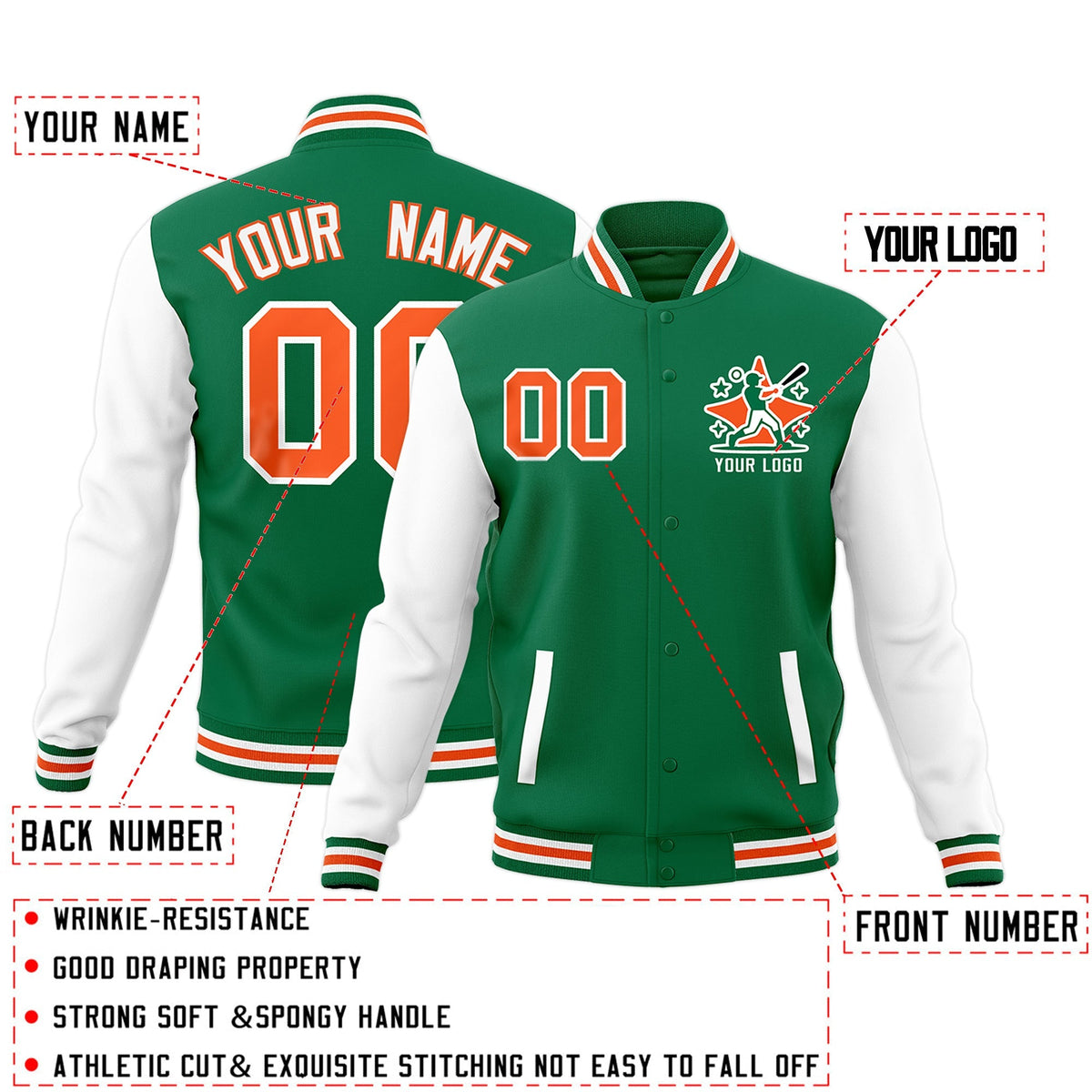 Custom Kelly Green White Orange Raglan Sleeves Full-Snap Letterman Cotton Fabric Jacket| KXKSHOP