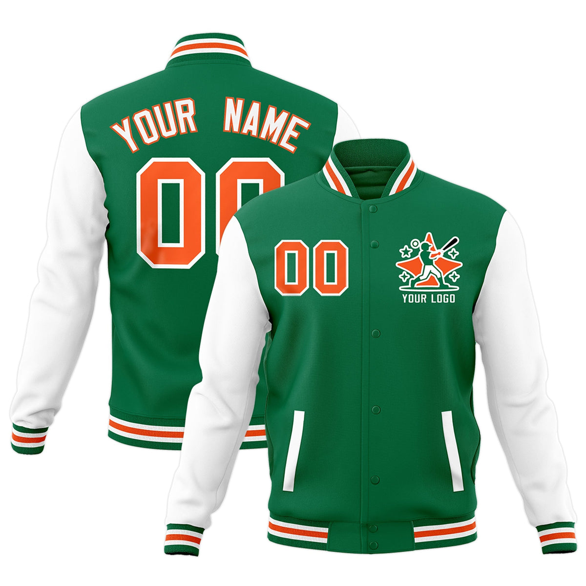 Custom Kelly Green White Orange Raglan Sleeves Full-Snap Letterman Cotton Fabric Jacket| KXKSHOP