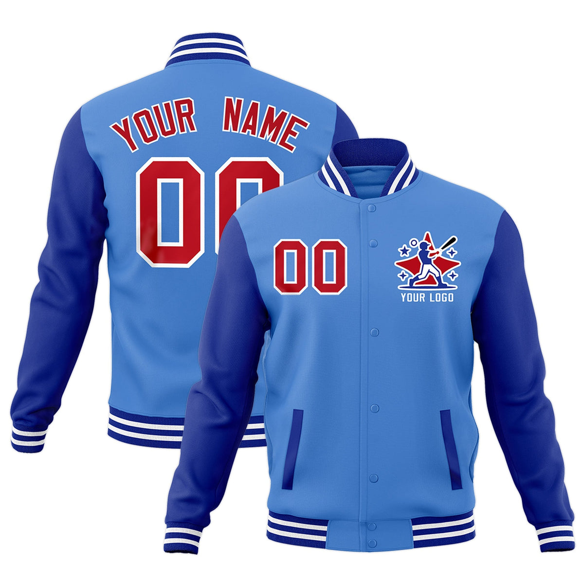 Custom Powder Blue Royal Blue White Raglan Sleeves Full-Snap Letterman Cotton Fabric Jacket| KXKSHOP
