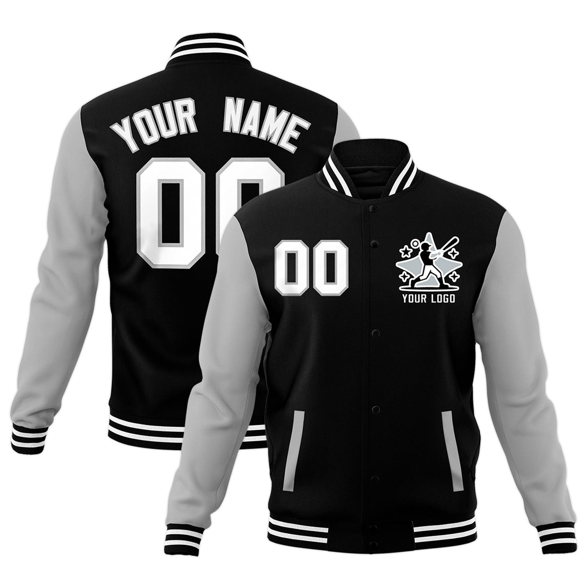 Custom Black Gray White Raglan Sleeves Full-Snap Letterman Cotton Fabric Jacket| KXKSHOP