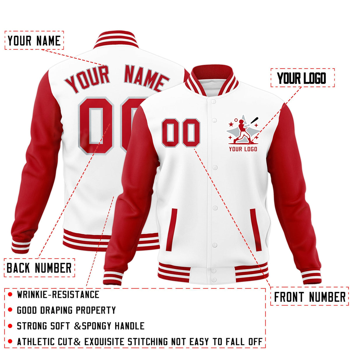Custom White Red Gray Raglan Sleeves Full-Snap Letterman Cotton Fabric Jacket| KXKSHOP
