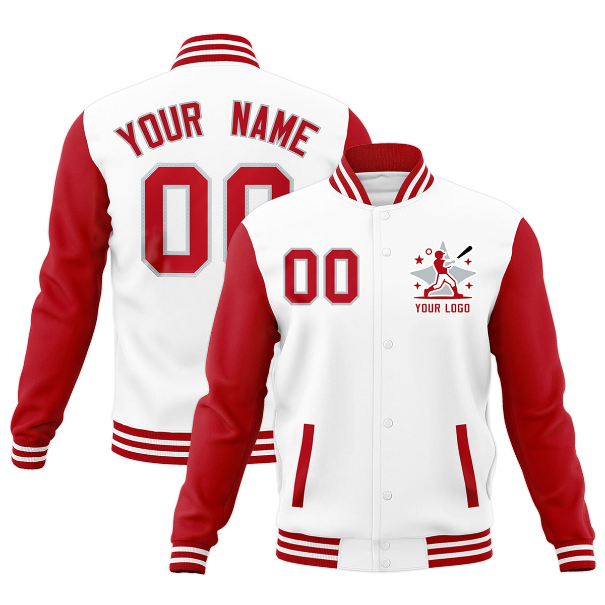 Custom White Red Gray Raglan Sleeves Full-Snap Letterman Cotton Fabric Jacket| KXKSHOP