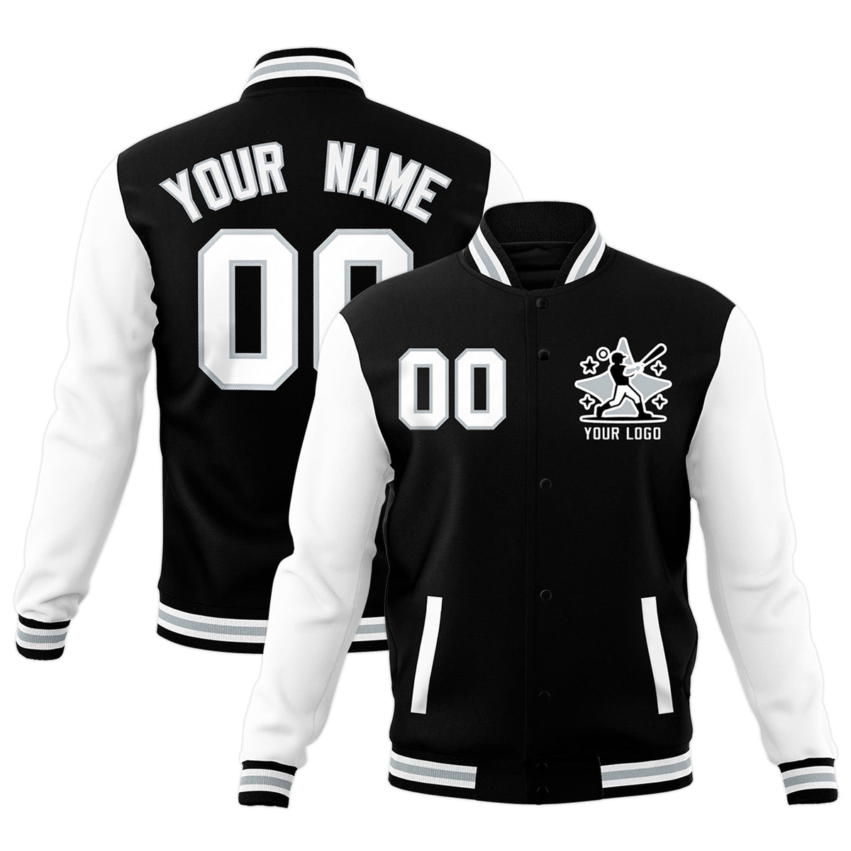 Custom Black White Gray Raglan Sleeves Full-Snap Letterman Cotton Fabric Jacket| KXKSHOP