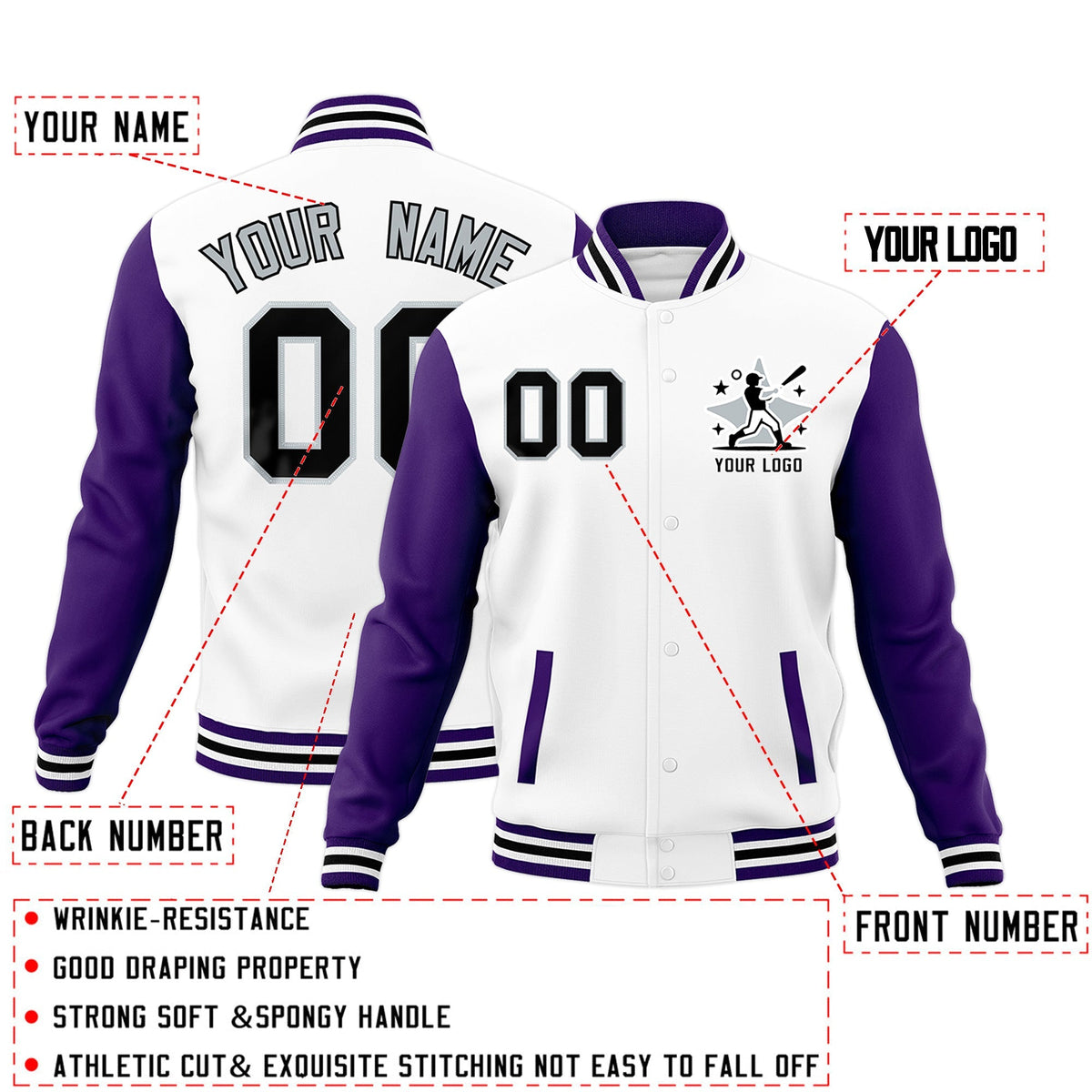 Custom White Purple Black Raglan Sleeves Full-Snap Letterman Cotton Fabric Jacket| KXKSHOP