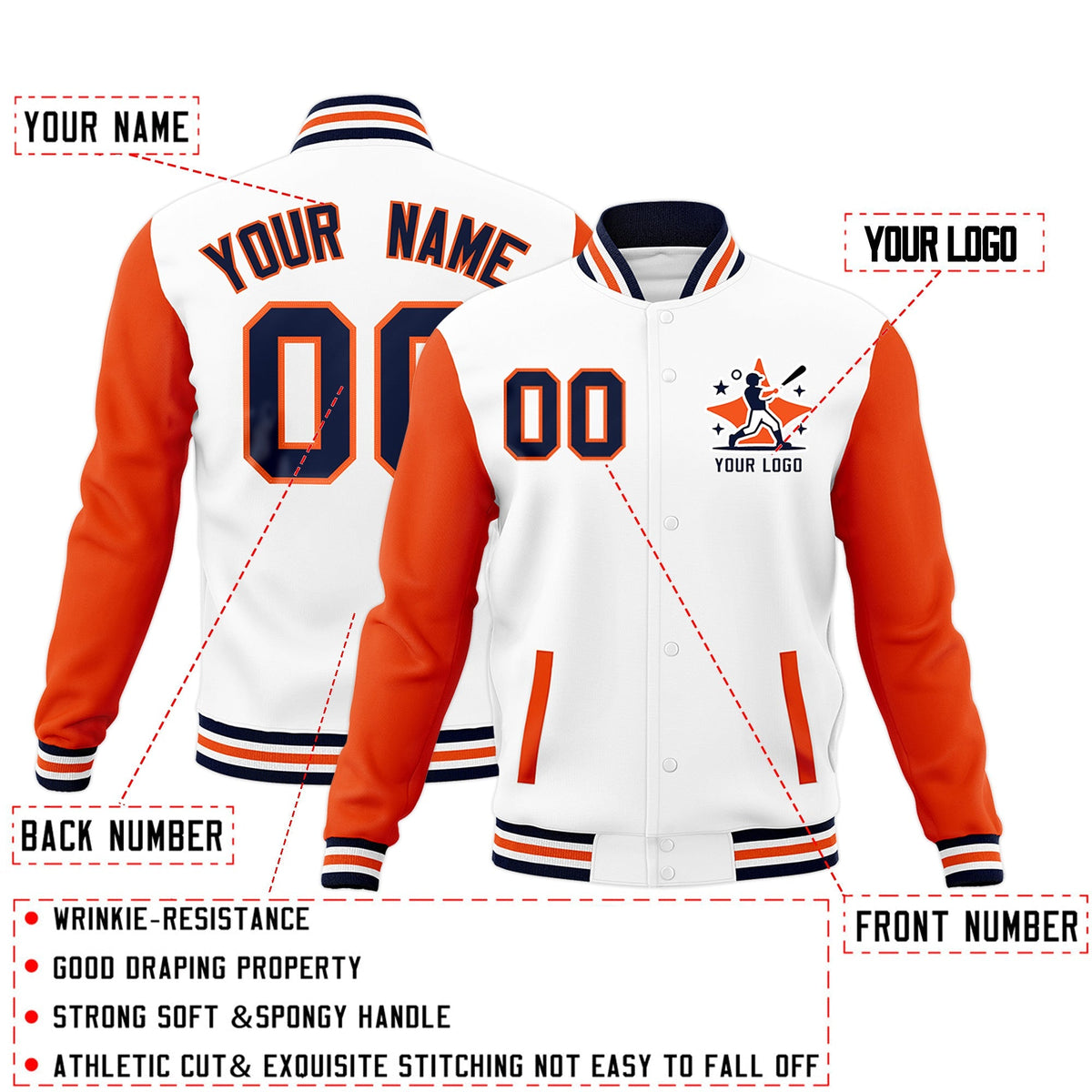 Custom White Orange Navy Raglan Sleeves Full-Snap Letterman Cotton Fabric Jacket| KXKSHOP
