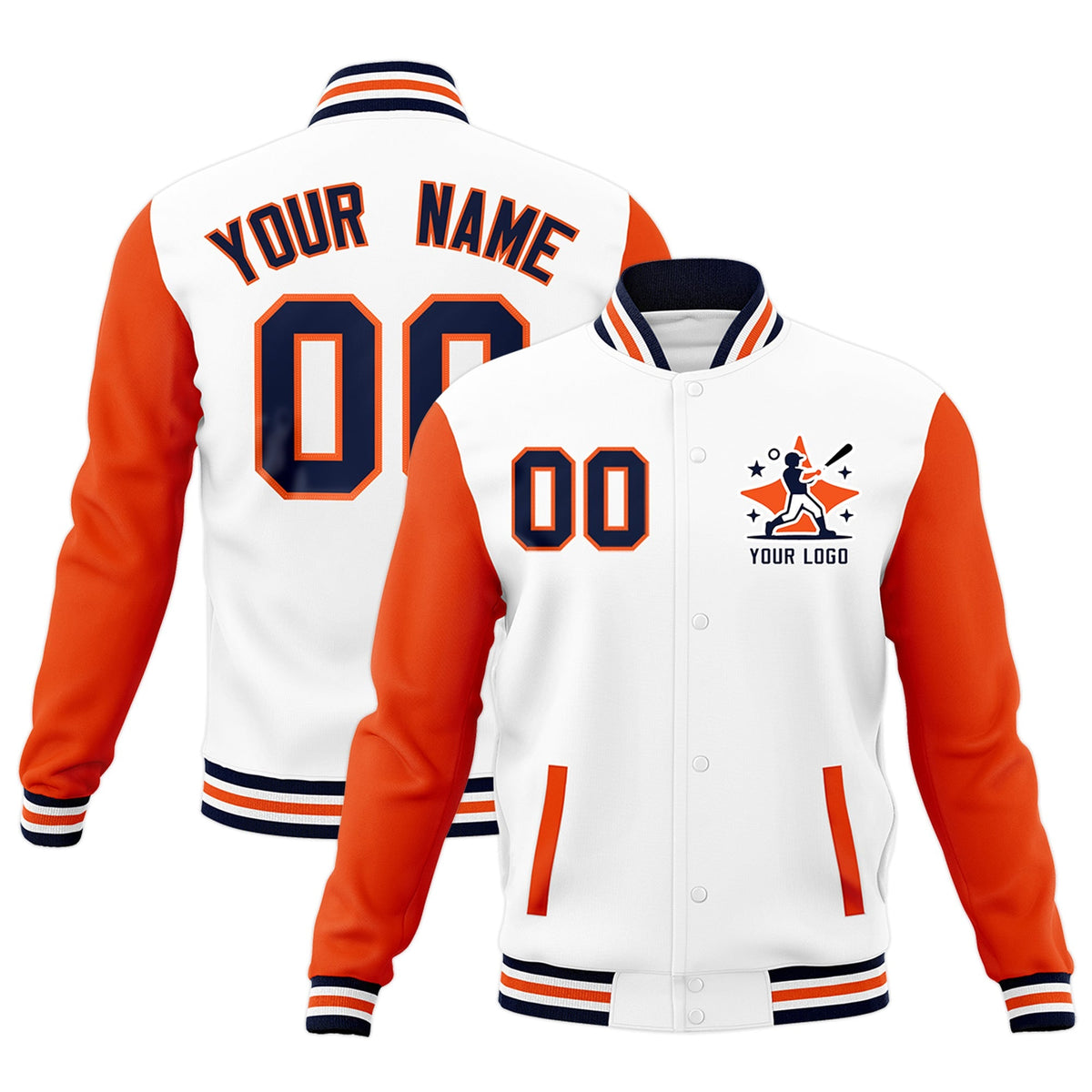 Custom White Orange Navy Raglan Sleeves Full-Snap Letterman Cotton Fabric Jacket| KXKSHOP