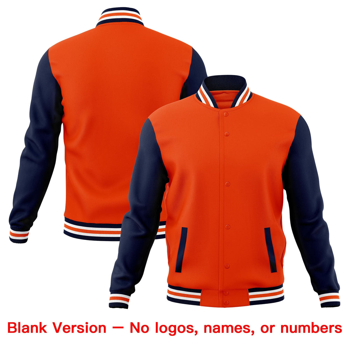 Custom Orange Navy White Raglan Sleeves Full-Snap Letterman Cotton Fabric Jacket| KXKSHOP