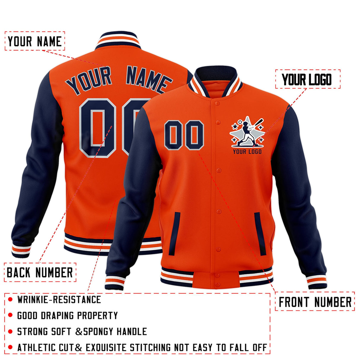 Custom Orange Navy White Raglan Sleeves Full-Snap Letterman Cotton Fabric Jacket| KXKSHOP
