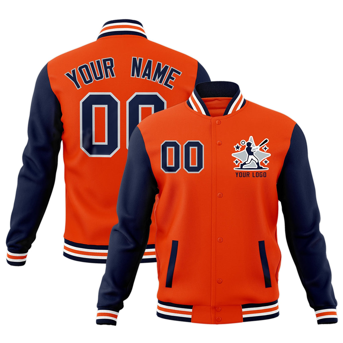 Custom Orange Navy White Raglan Sleeves Full-Snap Letterman Cotton Fabric Jacket| KXKSHOP