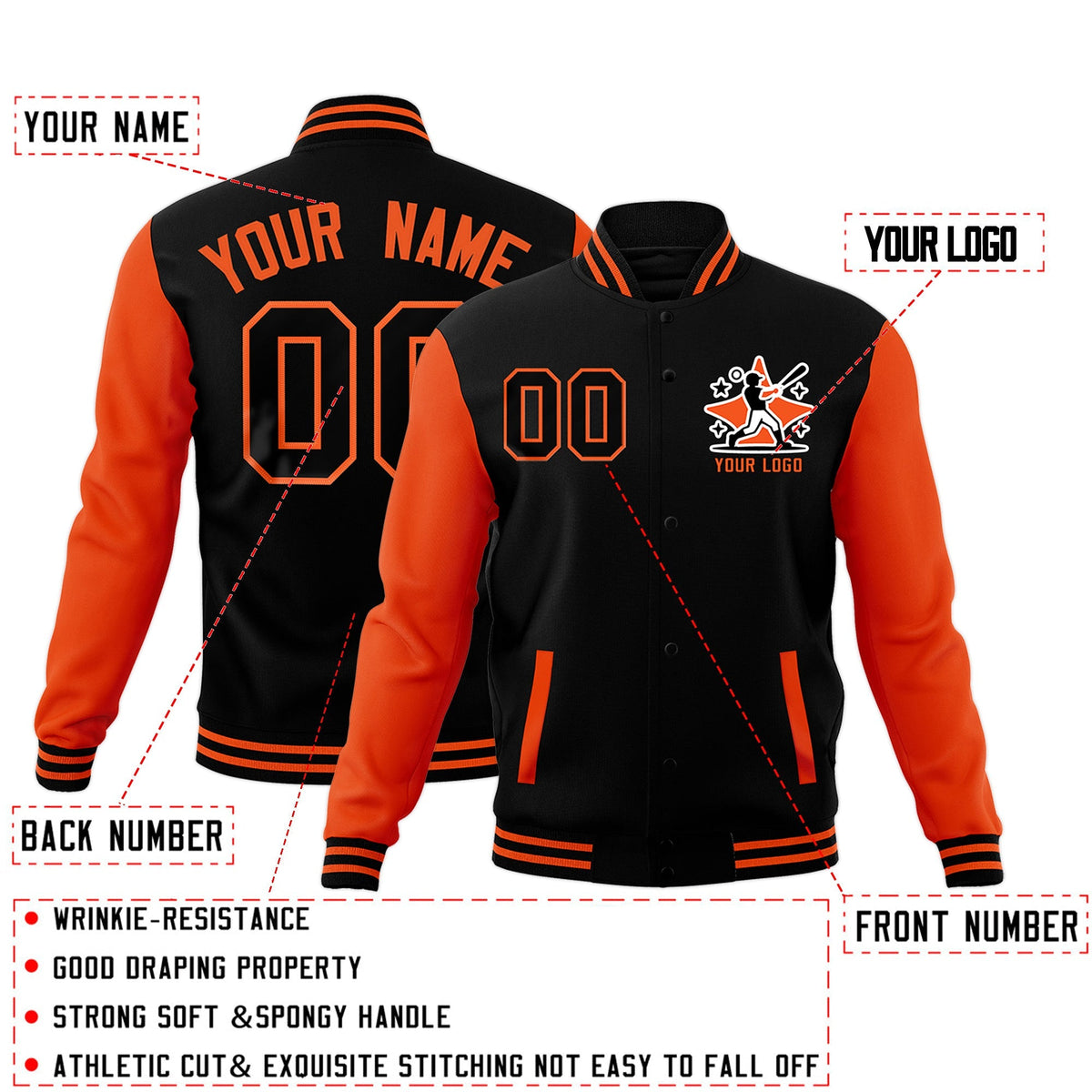 Custom Orange Black Raglan Sleeves Full-Snap Letterman Cotton Fabric Jacket| KXKSHOP