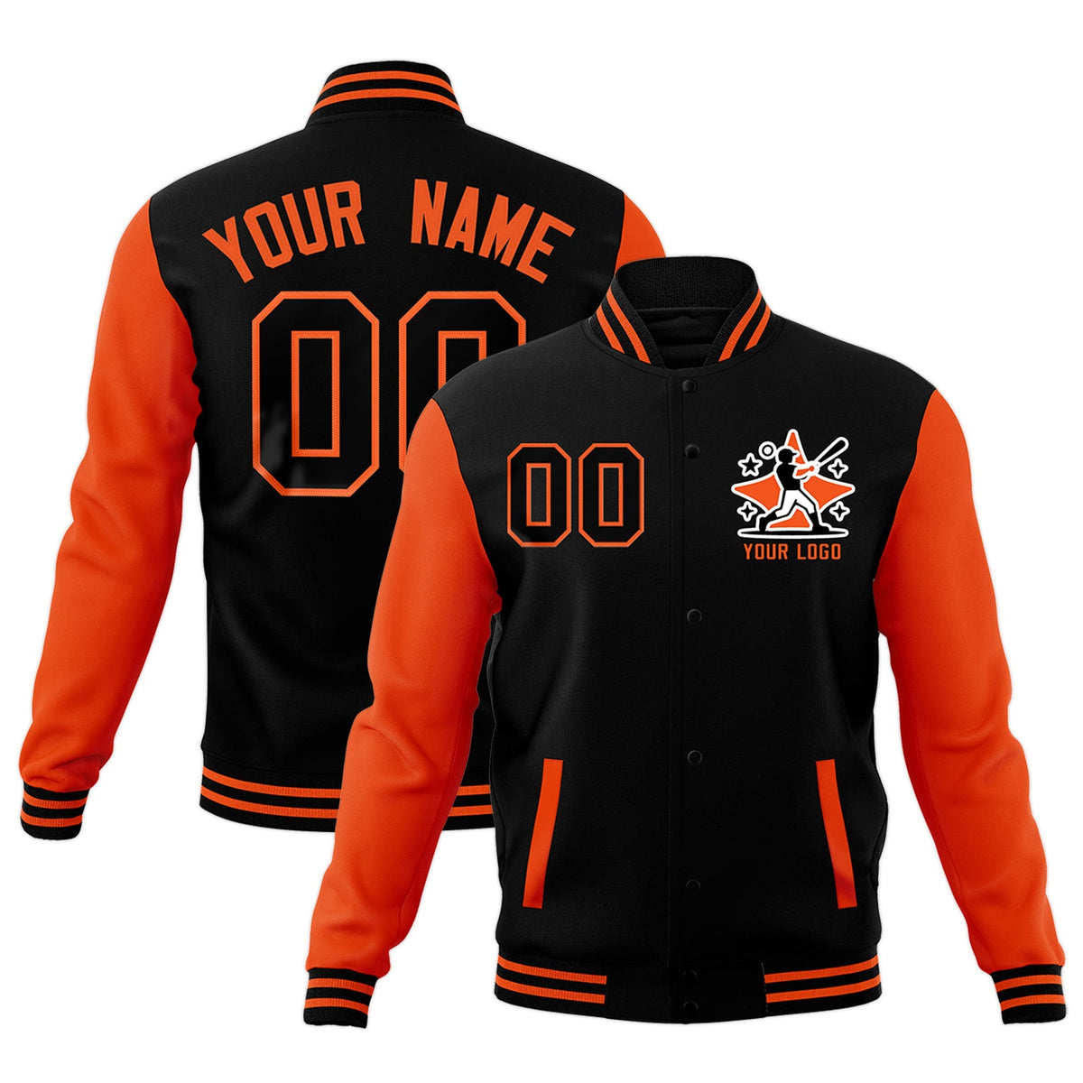 Custom Orange Black Raglan Sleeves Full-Snap Letterman Cotton Fabric Jacket| KXKSHOP