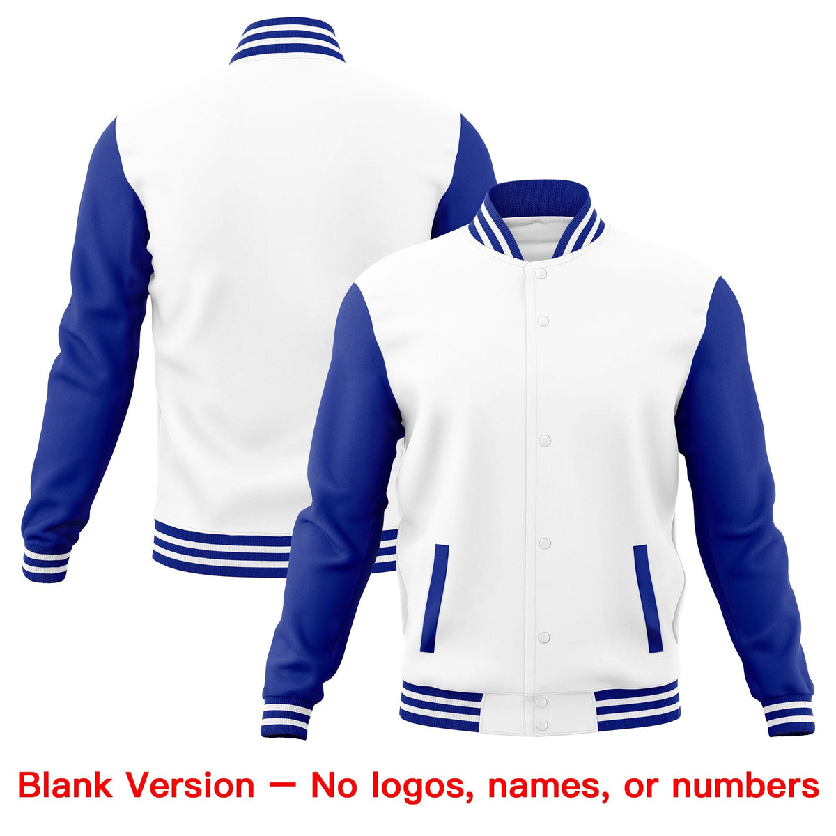 Custom White Royal Blue Orange Raglan Sleeves Full-Snap Letterman Cotton Fabric Jacket| KXKSHOP
