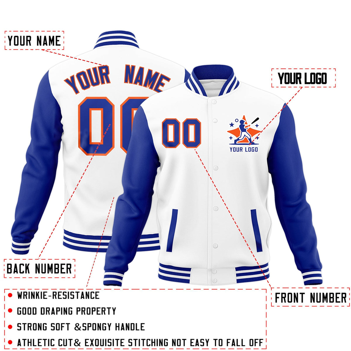 Custom White Royal Blue Orange Raglan Sleeves Full-Snap Letterman Cotton Fabric Jacket| KXKSHOP