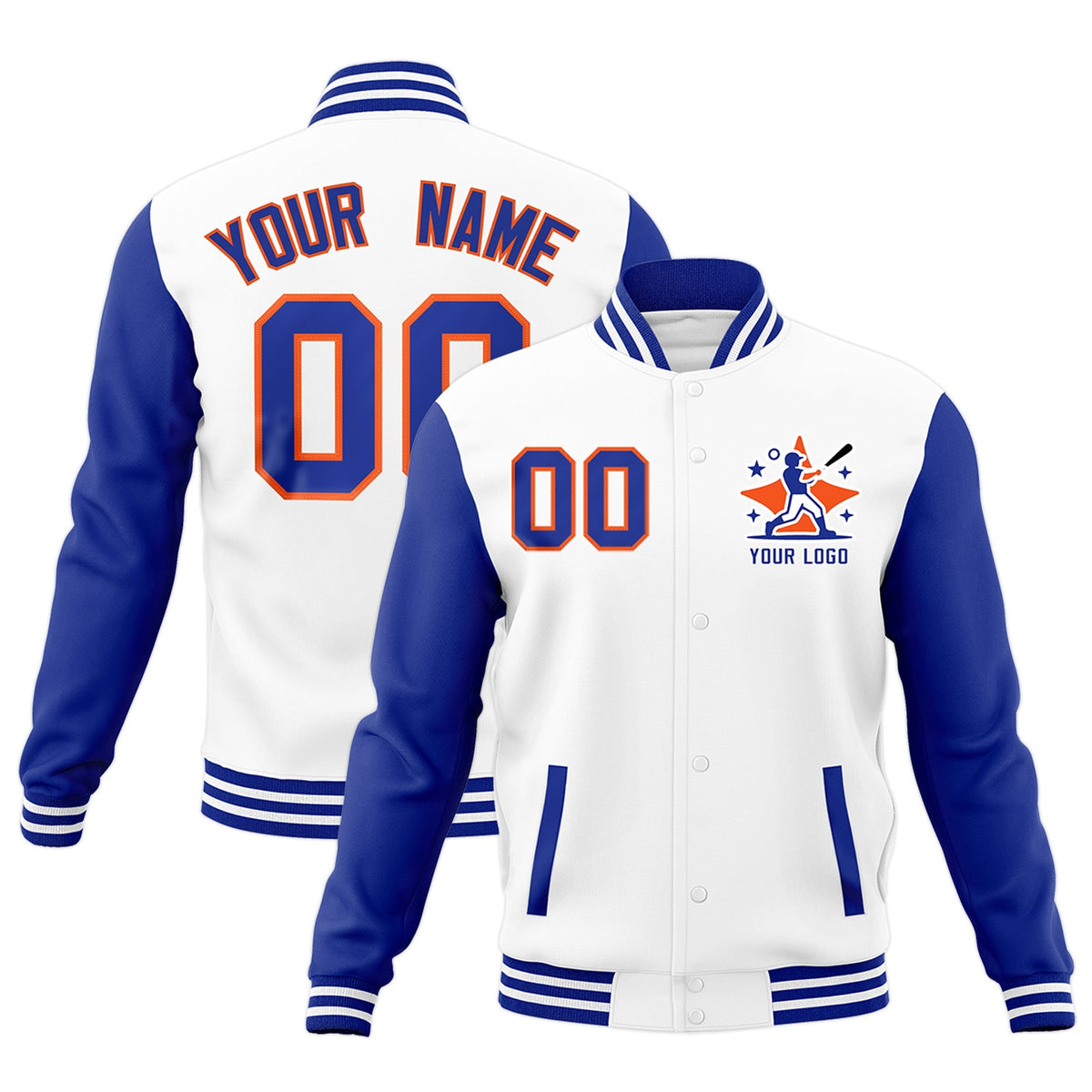 Custom White Royal Blue Orange Raglan Sleeves Full-Snap Letterman Cotton Fabric Jacket| KXKSHOP