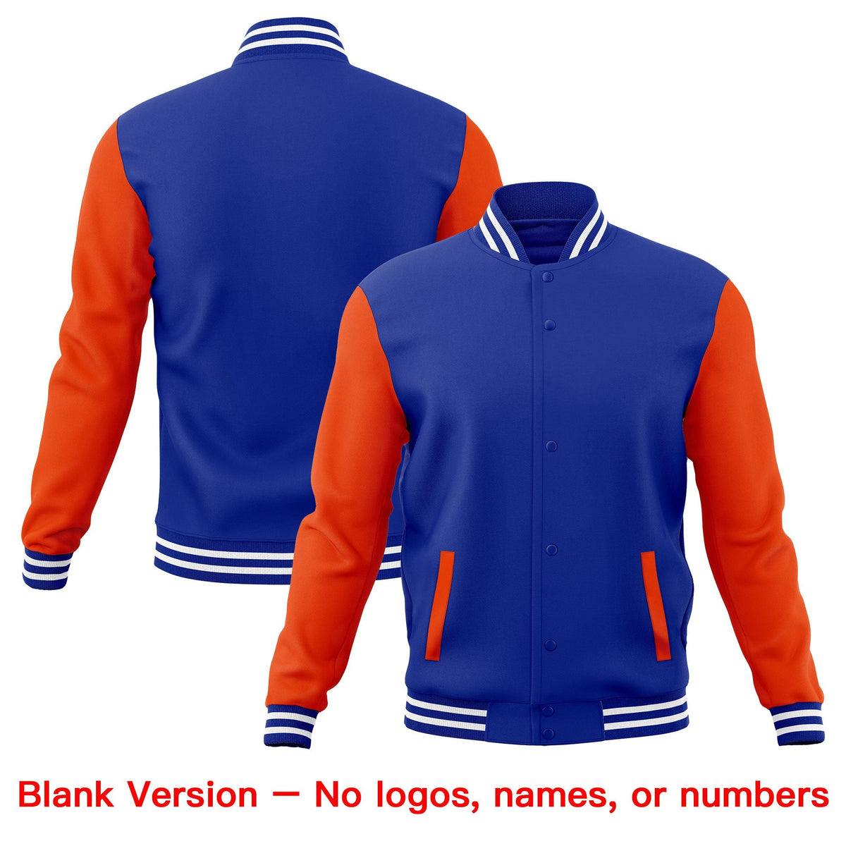 Custom Royal Blue Orange White Raglan Sleeves Full-Snap Letterman Cotton Fabric Jacket| KXKSHOP