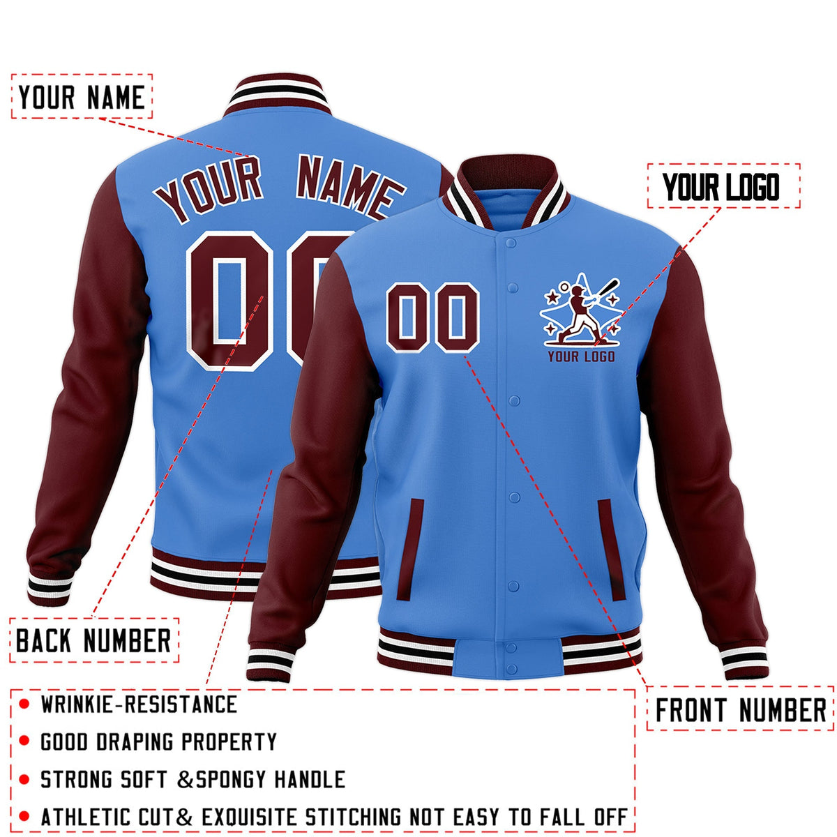 Custom Powder Blue Crimson White Raglan Sleeves Full-Snap Letterman Cotton Fabric Jacket| KXKSHOP