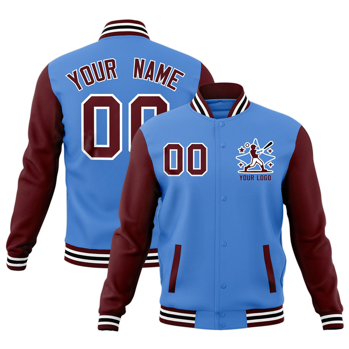 Custom Powder Blue Crimson White Raglan Sleeves Full-Snap Letterman Cotton Fabric Jacket| KXKSHOP