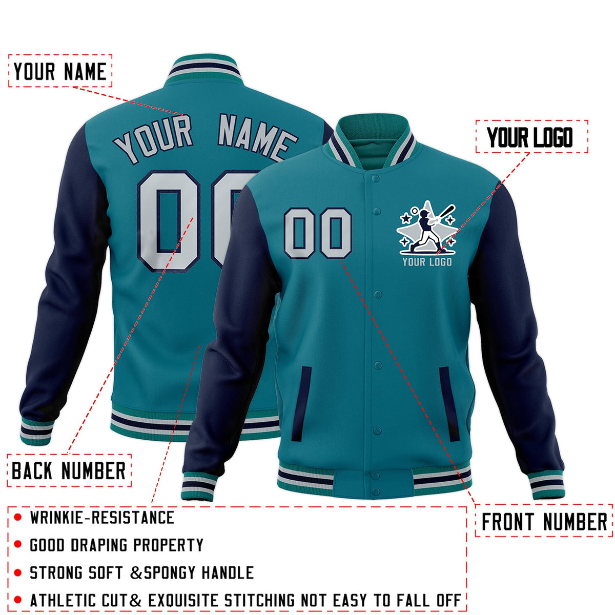 Custom Teal Navy Gray Raglan Sleeves Full-Snap Letterman Cotton Fabric Jacket| KXKSHOP