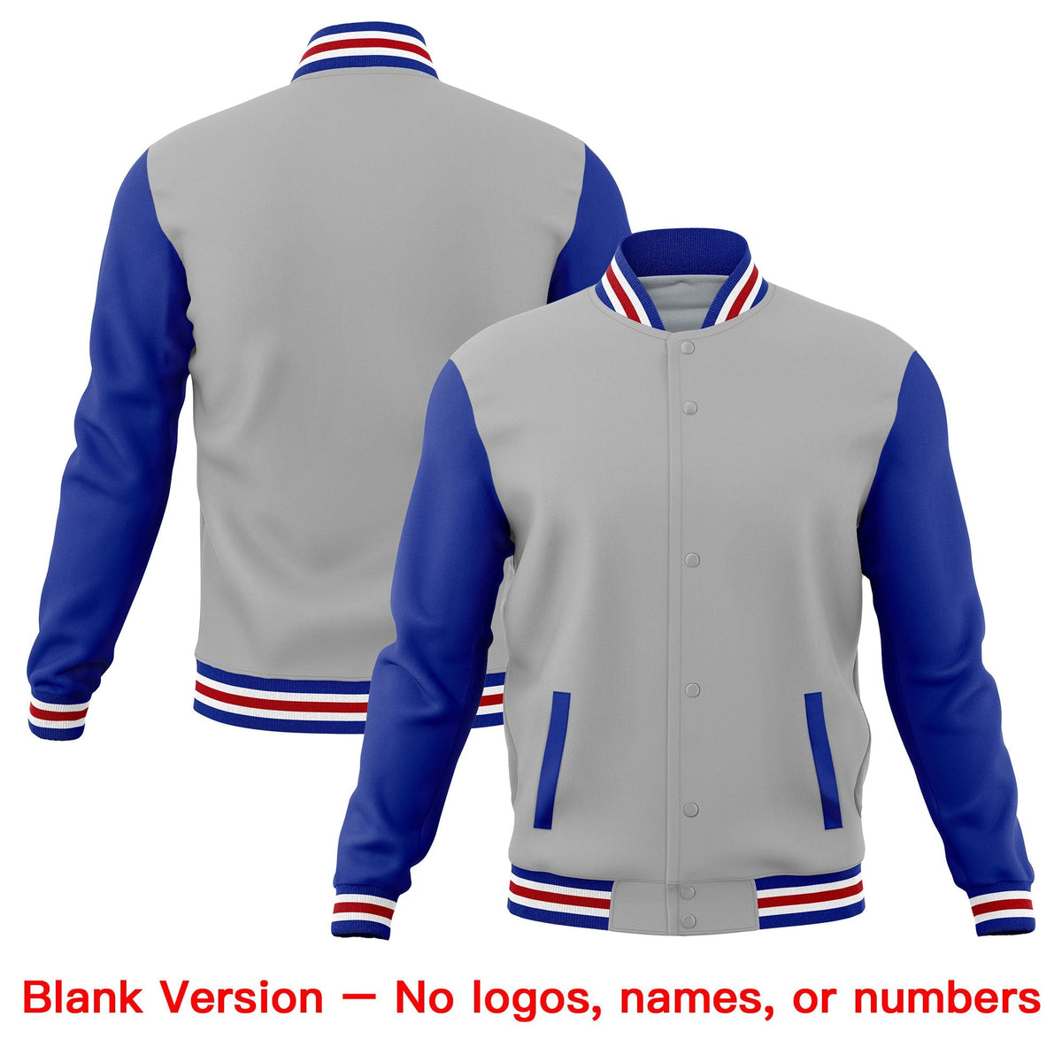 Custom Gray Royal Blue White Raglan Sleeves Full-Snap Letterman Cotton Fabric Jacket| KXKSHOP