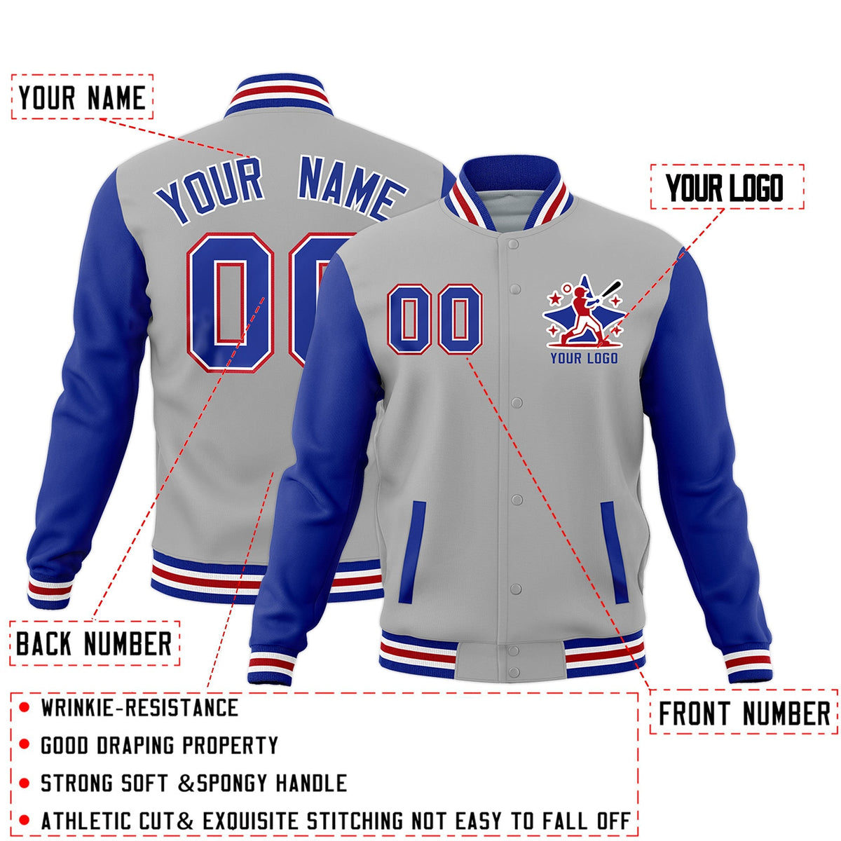 Custom Gray Royal Blue White Raglan Sleeves Full-Snap Letterman Cotton Fabric Jacket| KXKSHOP