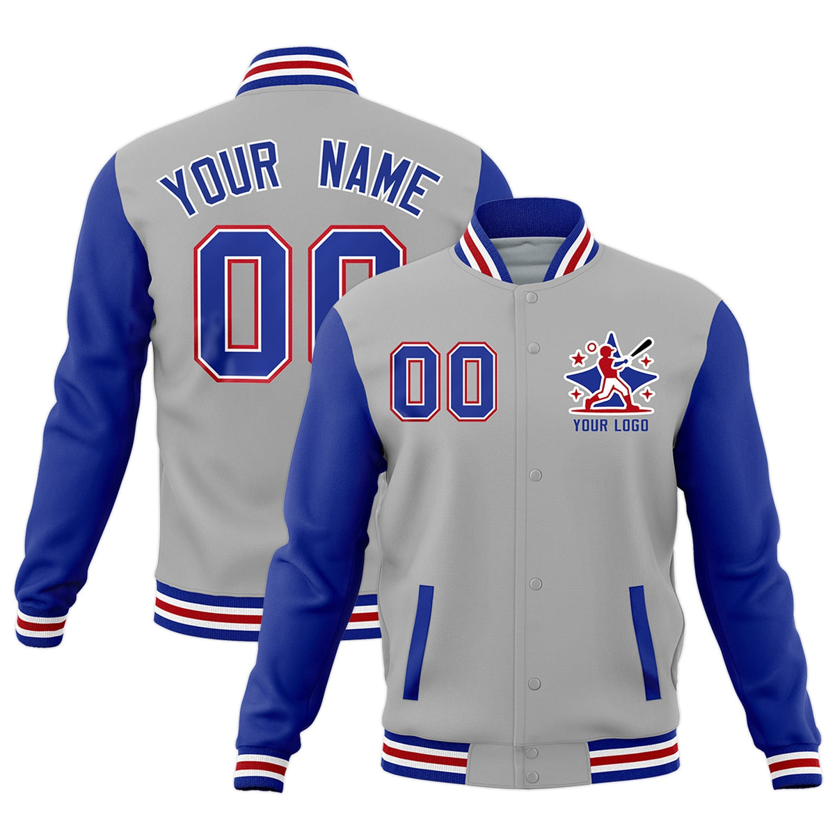 Custom Gray Royal Blue White Raglan Sleeves Full-Snap Letterman Cotton Fabric Jacket| KXKSHOP
