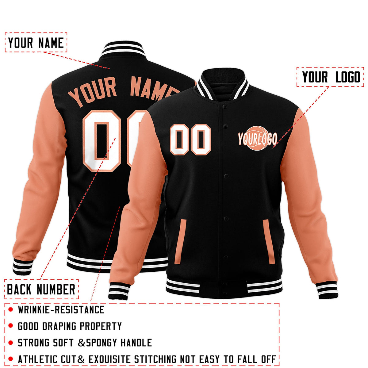 Custom Black Light Orange White Raglan Sleeves Classic Style Letterman Cotton Fabric Jacket| KXKSHOP