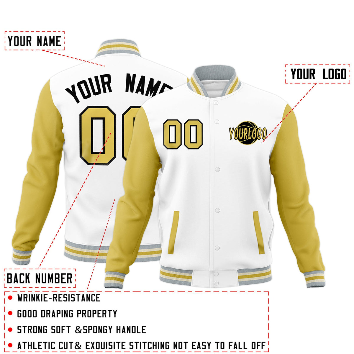 Custom White Old Gold Gray Raglan Sleeves Classic Style Letterman Cotton Fabric Jacket| KXKSHOP