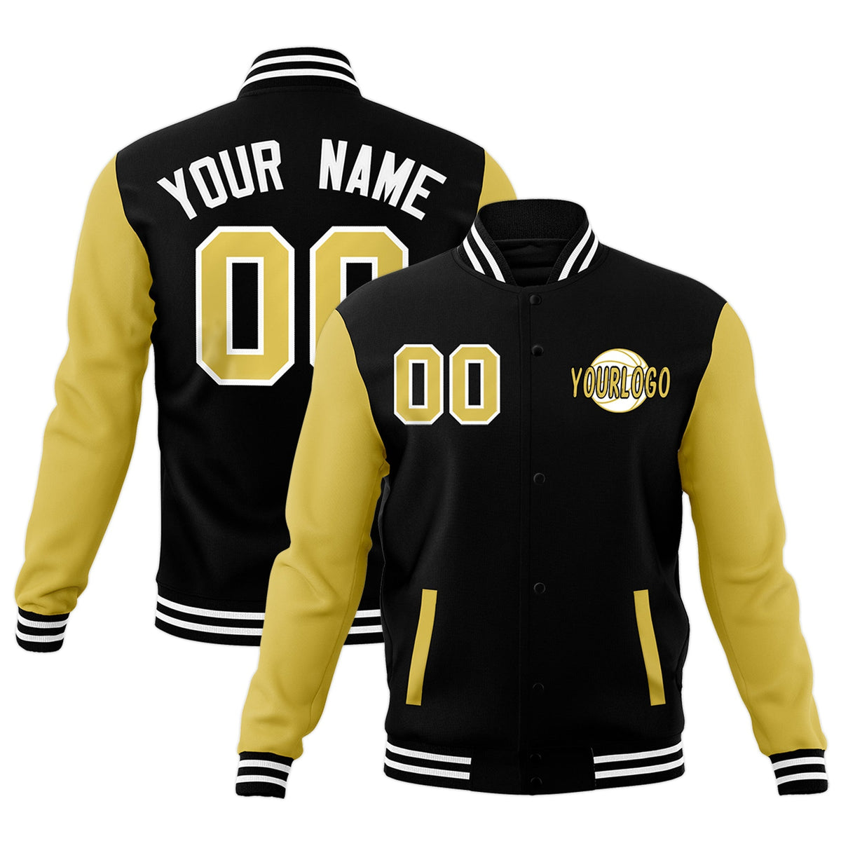 Custom Black Old Gold White Raglan Sleeves Classic Style Letterman Cotton Fabric Jacket| KXKSHOP