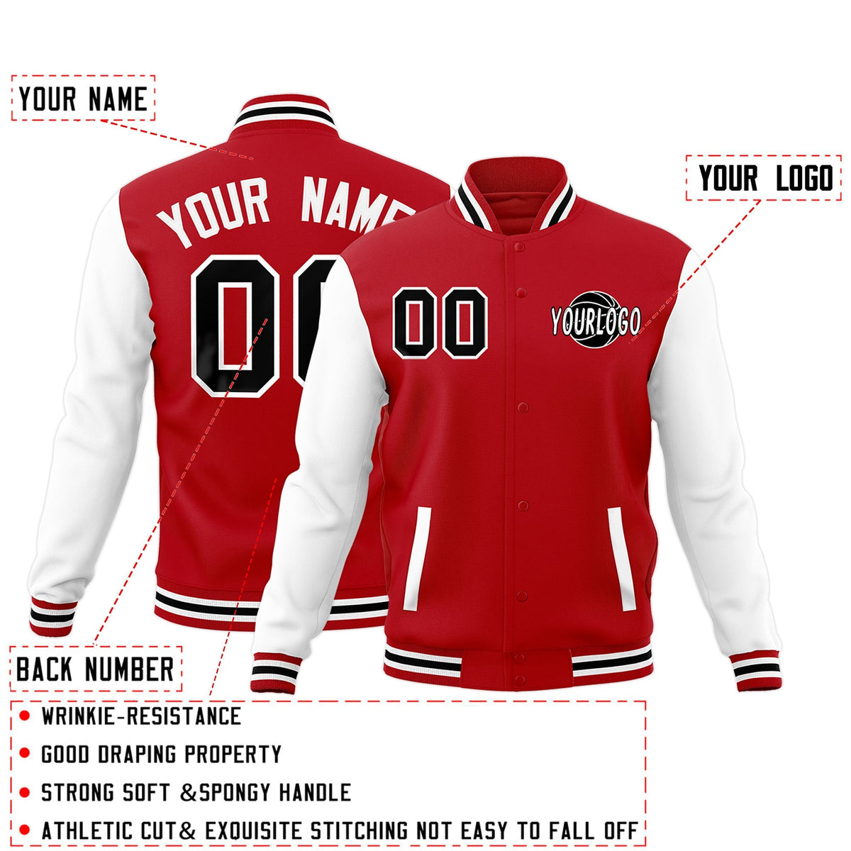 Custom Red White Black Raglan Sleeves Classic Style Letterman Cotton Fabric Jacket| KXKSHOP