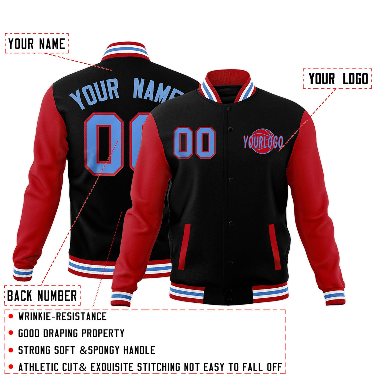 Custom Red Black Powder Blue Raglan Sleeves Classic Style Letterman Cotton Fabric Jacket| KXKSHOP