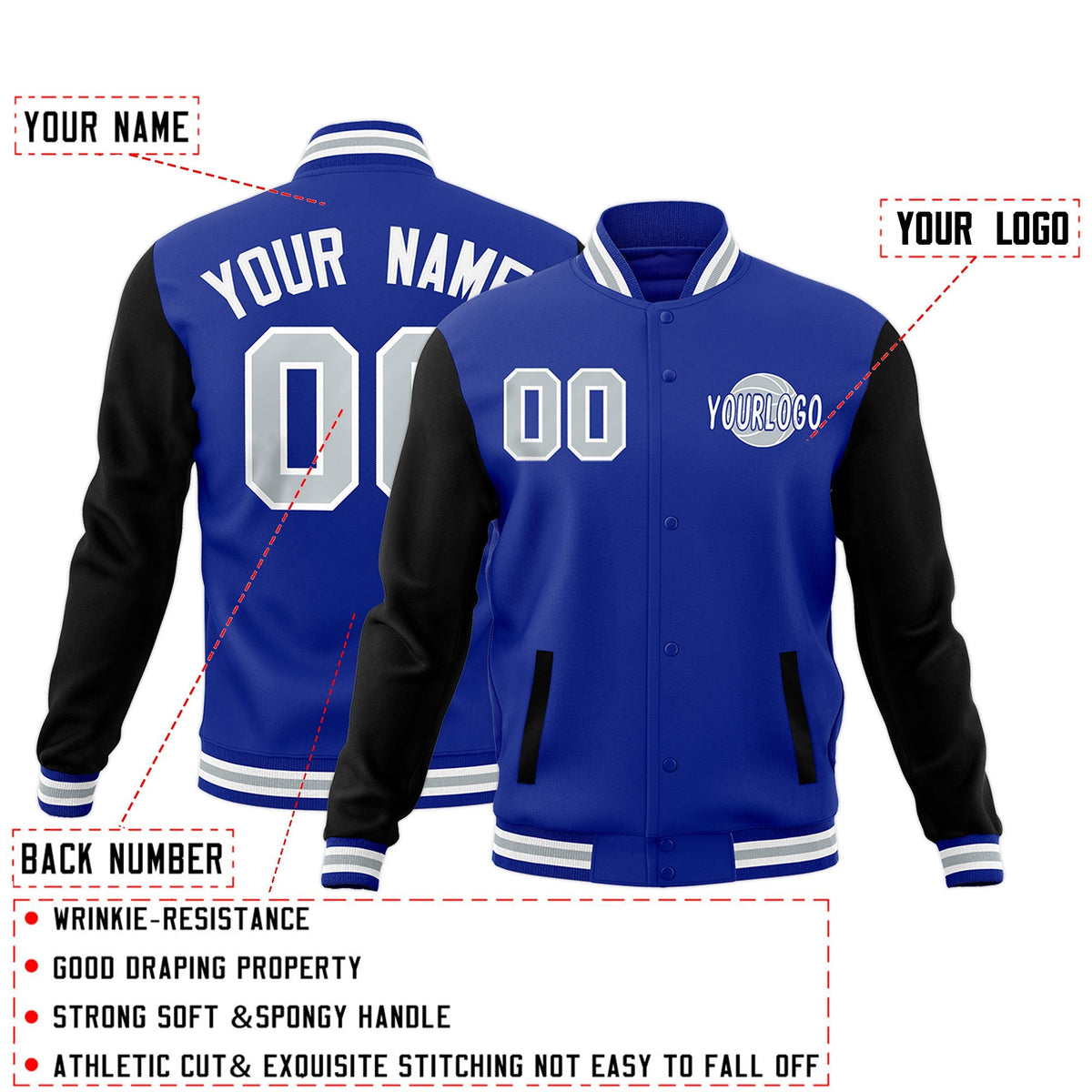 Custom Black White Royal Blue Raglan Sleeves Classic Style Letterman Cotton Fabric Jacket| KXKSHOP