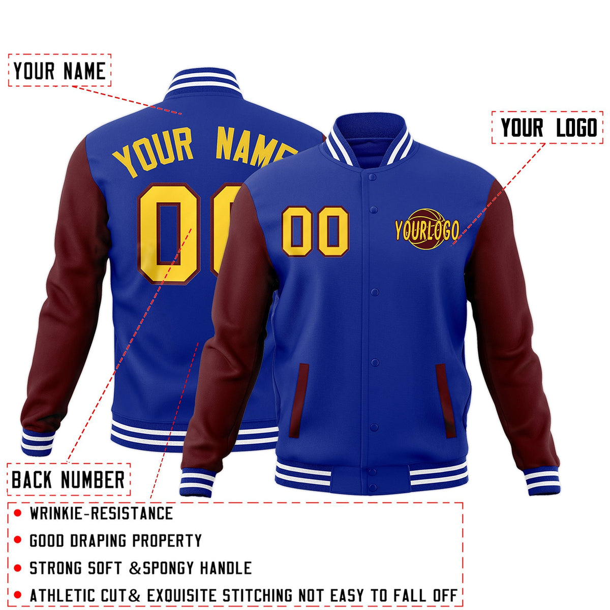 Custom Royal Blue Crimson White Raglan Sleeves Classic Style Letterman Cotton Fabric Jacket| KXKSHOP