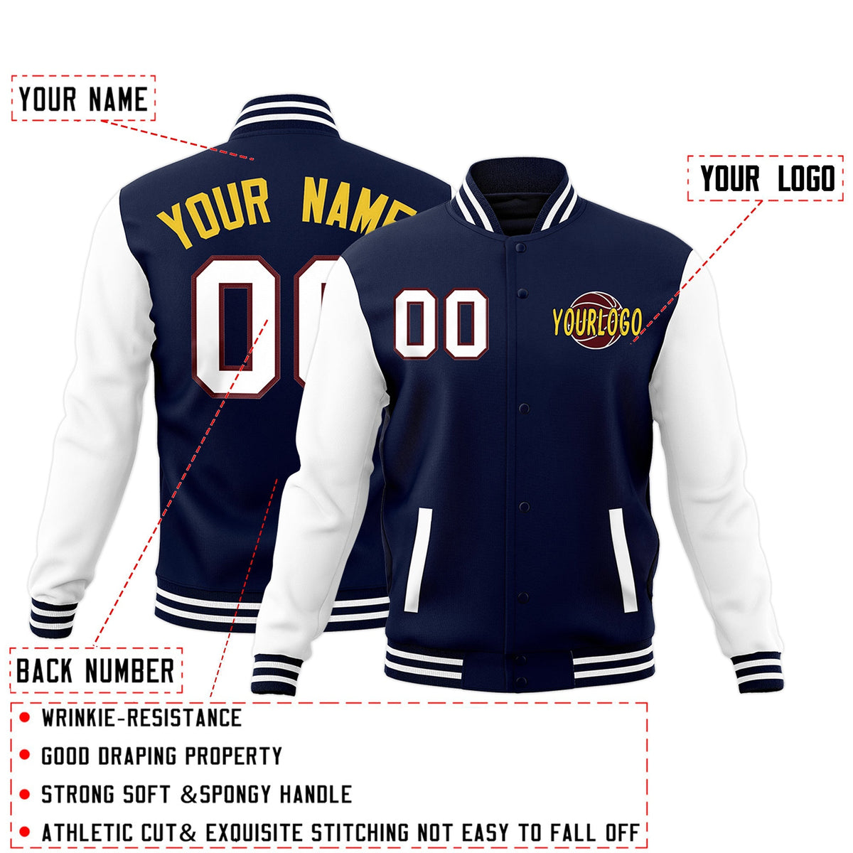 Custom Navy White Raglan Sleeves Classic Style Letterman Cotton Fabric Jacket| KXKSHOP