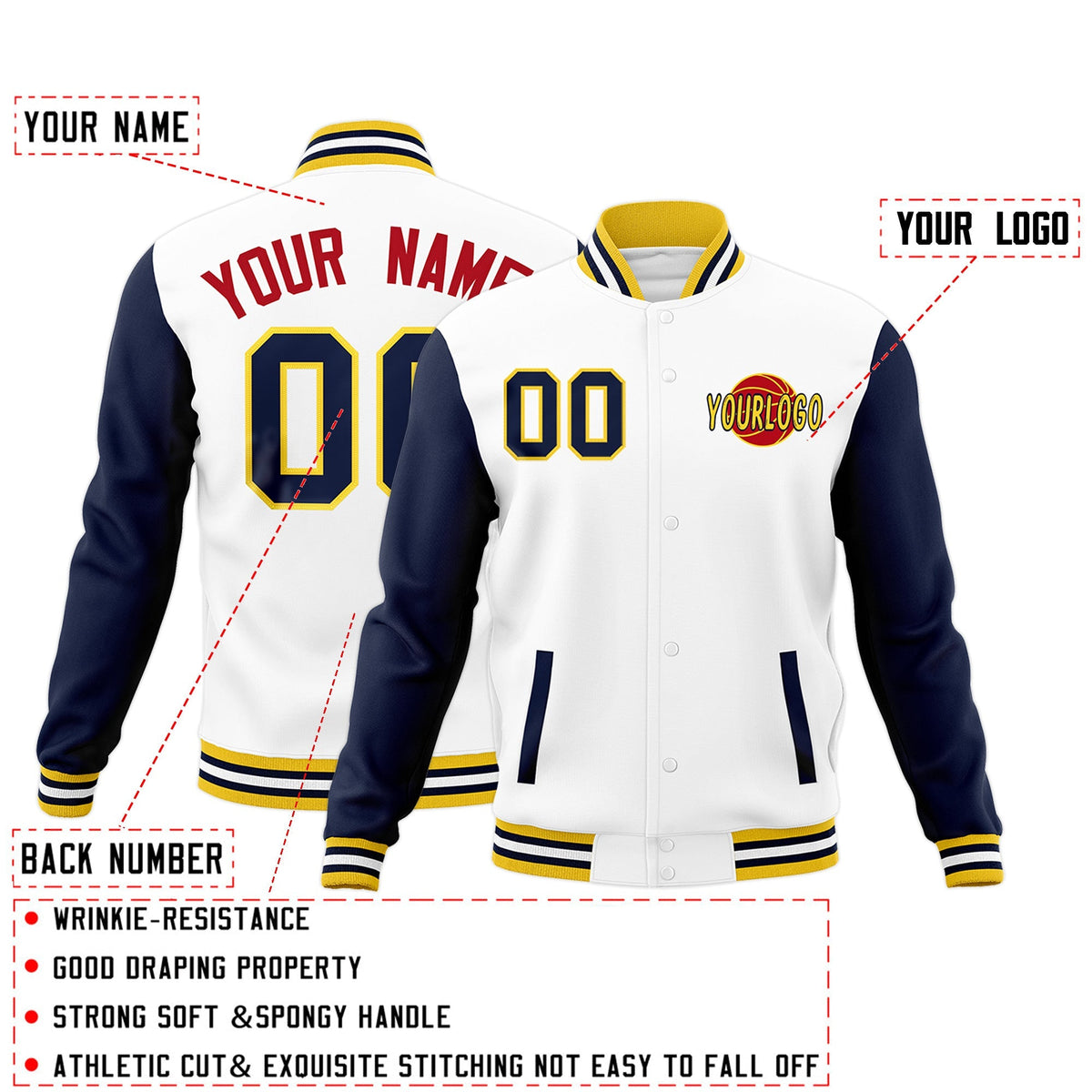 Custom White Navy Gold Raglan Sleeves Classic Style Letterman Cotton Fabric Jacket| KXKSHOP
