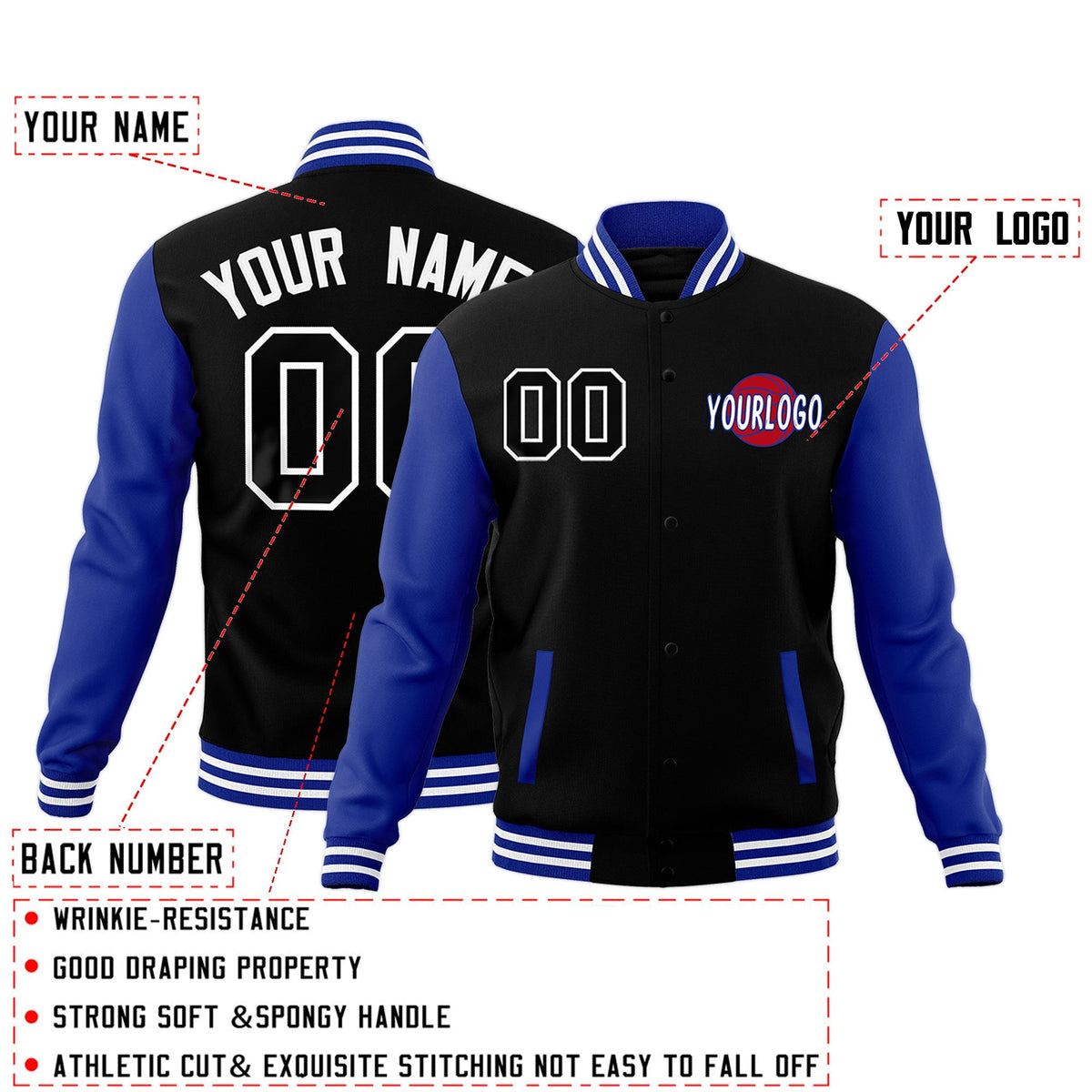 Custom Royal Blue Black White Raglan Sleeves Classic Style Letterman Cotton Fabric Jacket| KXKSHOP