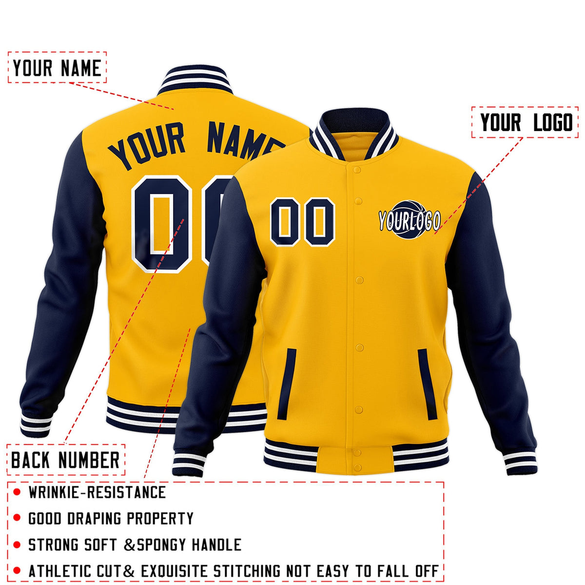 Custom Yellow Navy White Raglan Sleeves Classic Style Letterman Cotton Fabric Jacket| KXKSHOP