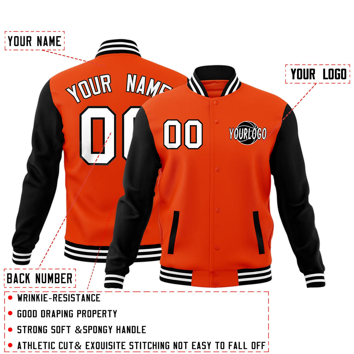 Custom Orange Black White Raglan Sleeves Classic Style Letterman Cotton Fabric Jacket| KXKSHOP