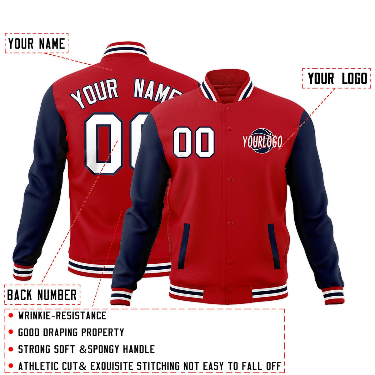 Custom Red Navy White Raglan Sleeves Classic Style Letterman Cotton Fabric Jacket| KXKSHOP