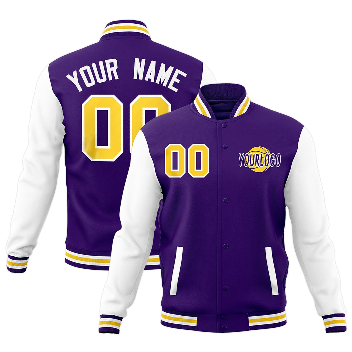 Custom Purple White Gold Raglan Sleeves Classic Style Letterman Cotton Fabric Jacket| KXKSHOP
