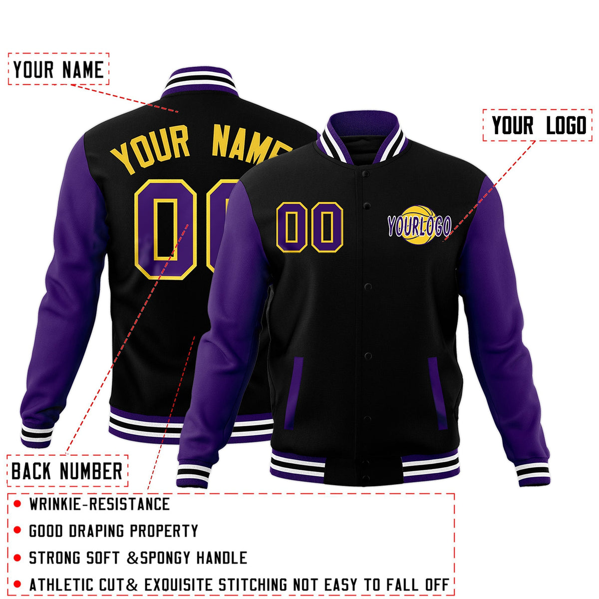 Custom Black Purple White Raglan Sleeves Classic Style Letterman Cotton Fabric Jacket| KXKSHOP